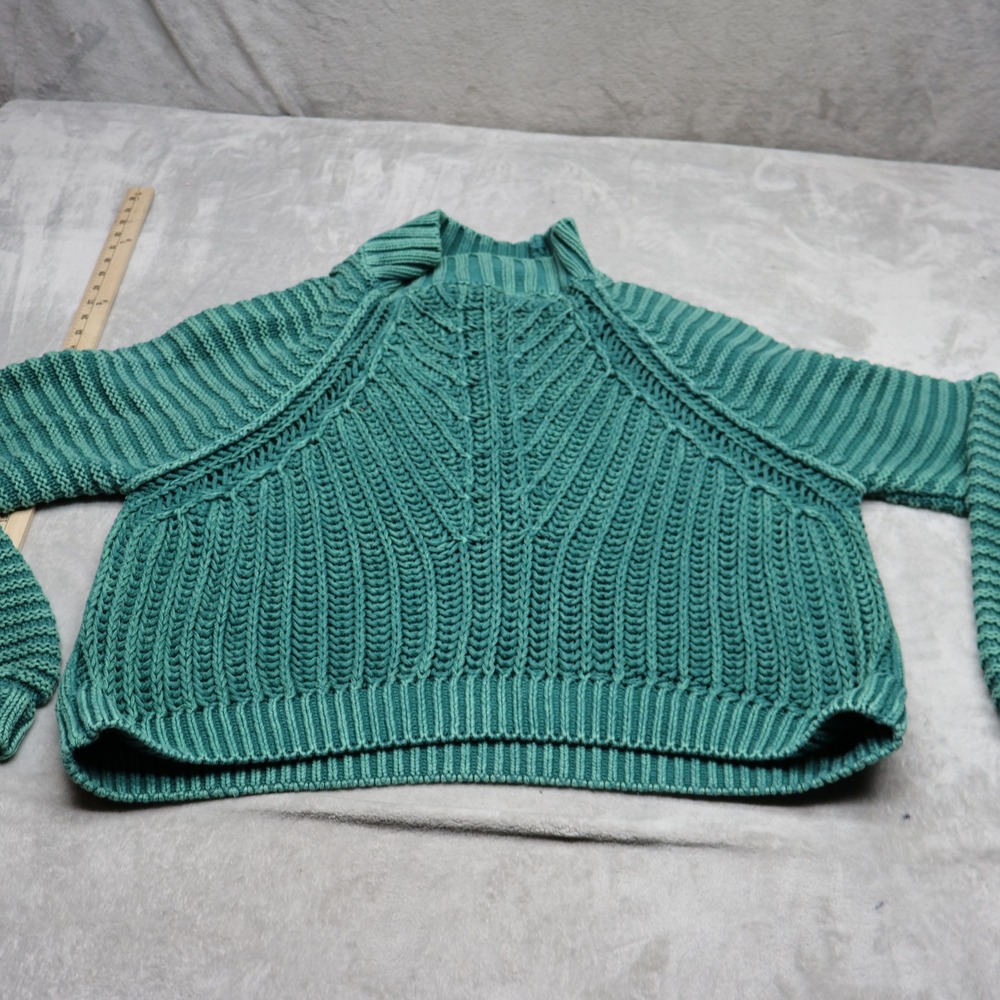 Free People Sweater Womens Large Green Ribbed Chunky Knit Mock Neck Cropped Boho